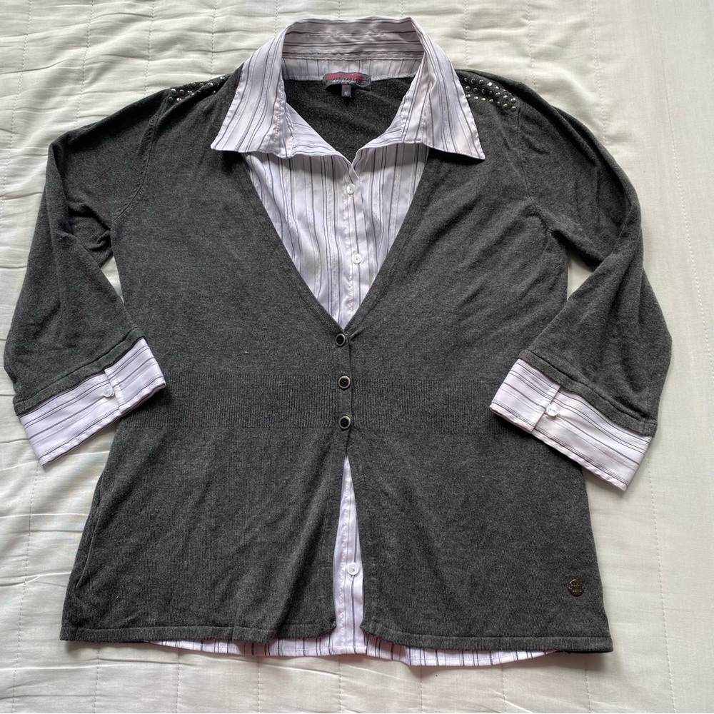 Point Zero Gray Layered Knit Cardigan with Striped Shirt Detail